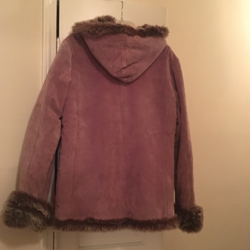 3/4 Suede Coat w/ faux fur hood, sleeve & bottom.